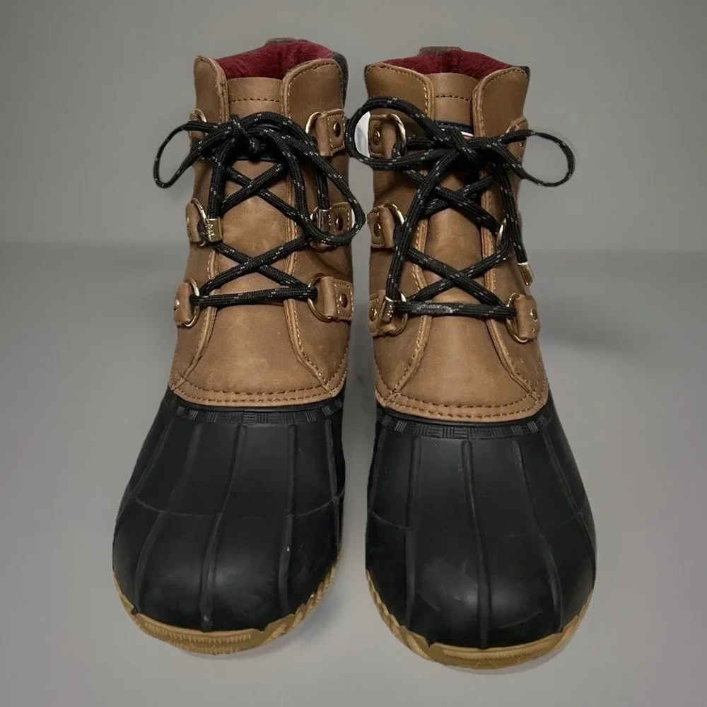 Tommy Hilfiger Womens Roza Duck Boots Tan Black Lace Up Ankle Rain Boots 9M